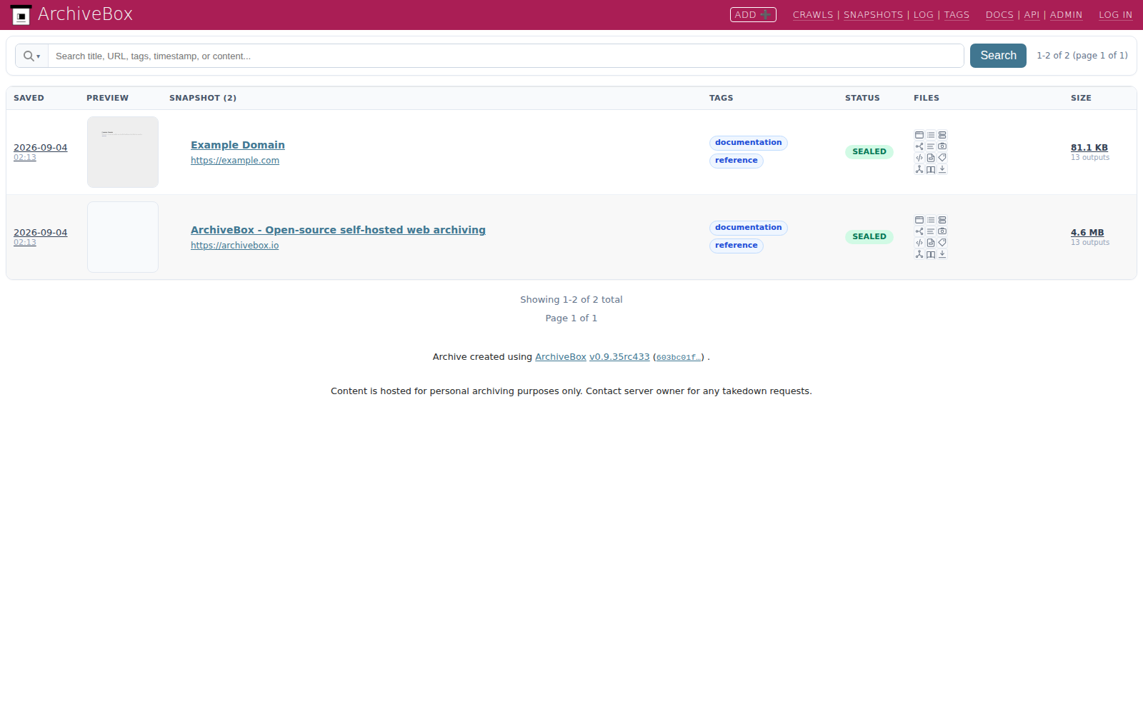 Public snapshot list — desktop