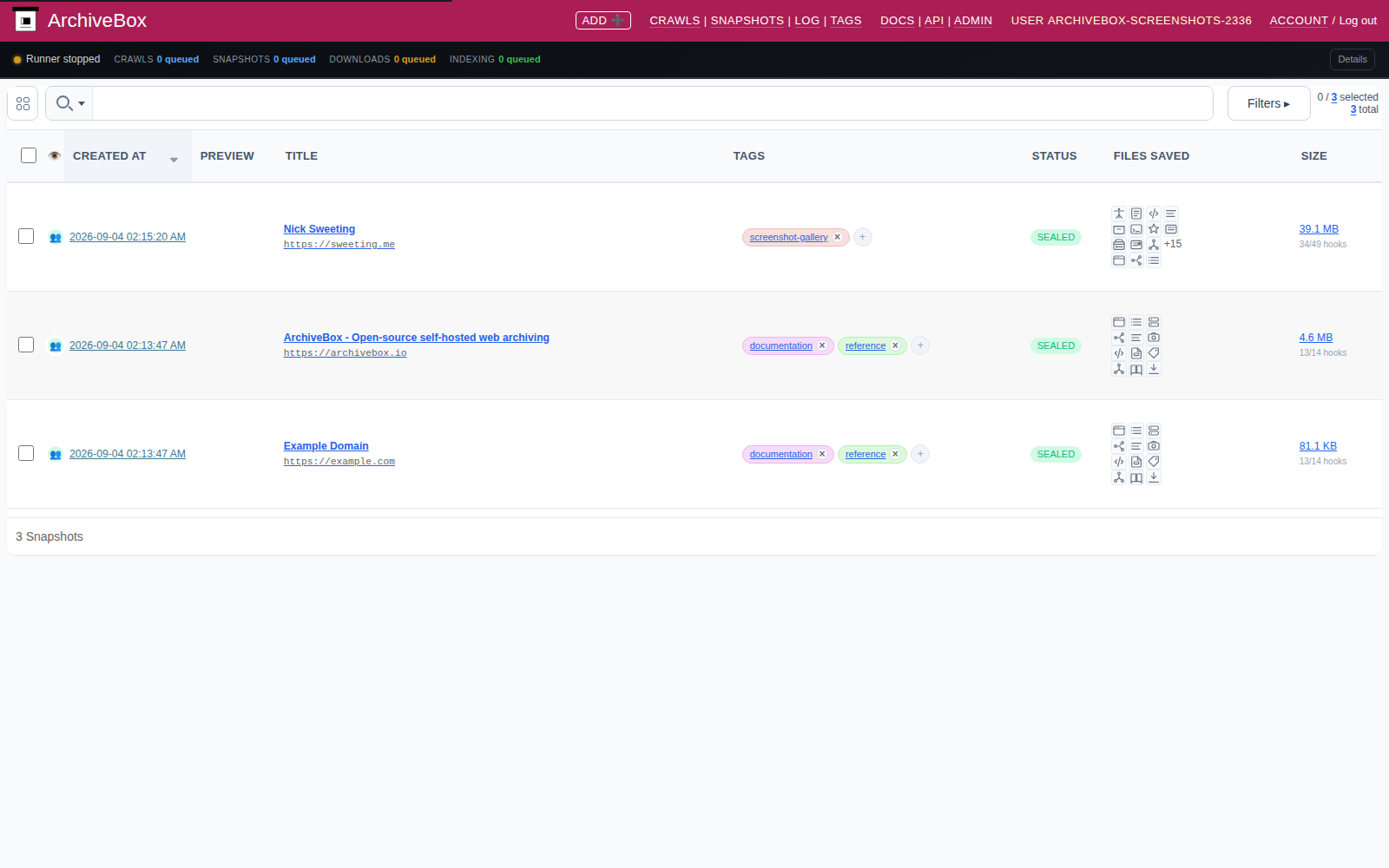 Snapshots table — desktop
