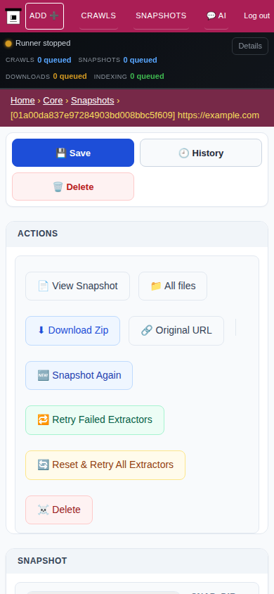 Snapshot admin detail — mobile