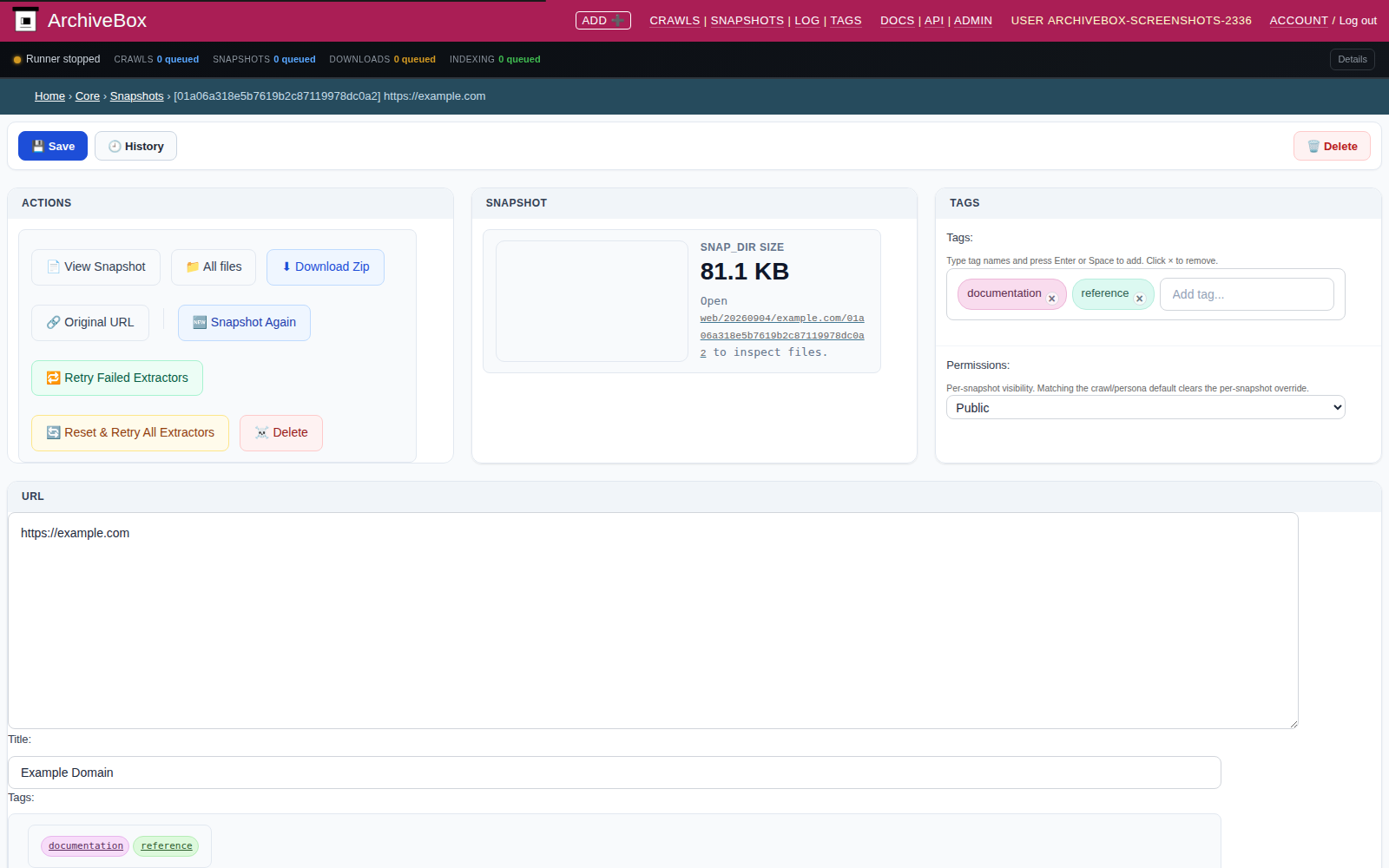 Snapshot admin detail — desktop