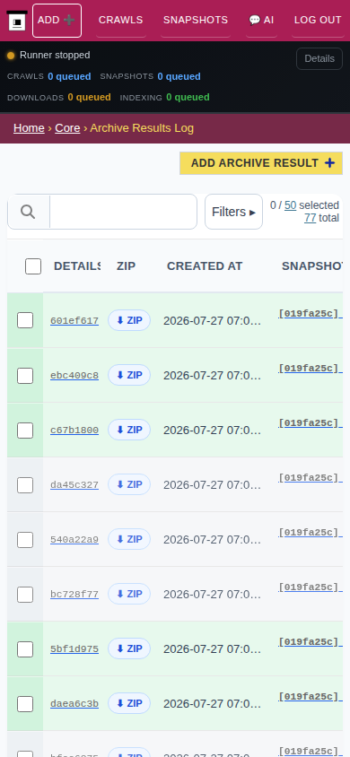 Archive results — mobile