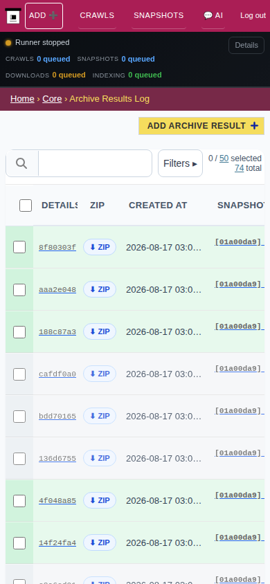 Archive results — mobile