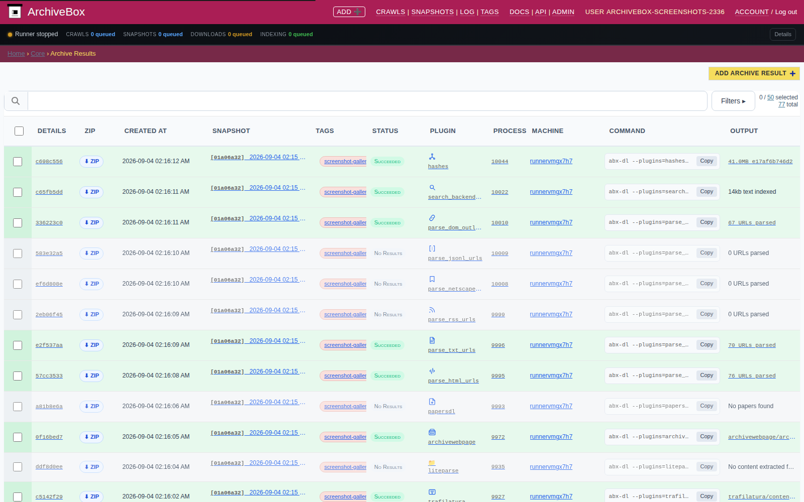 Archive results — desktop
