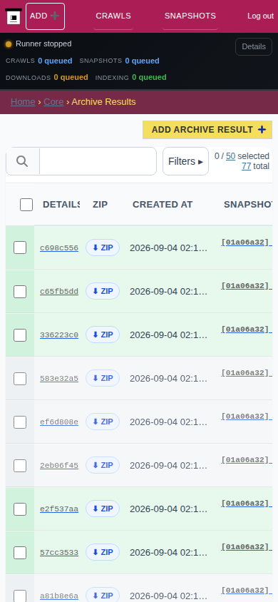 Archive results — mobile