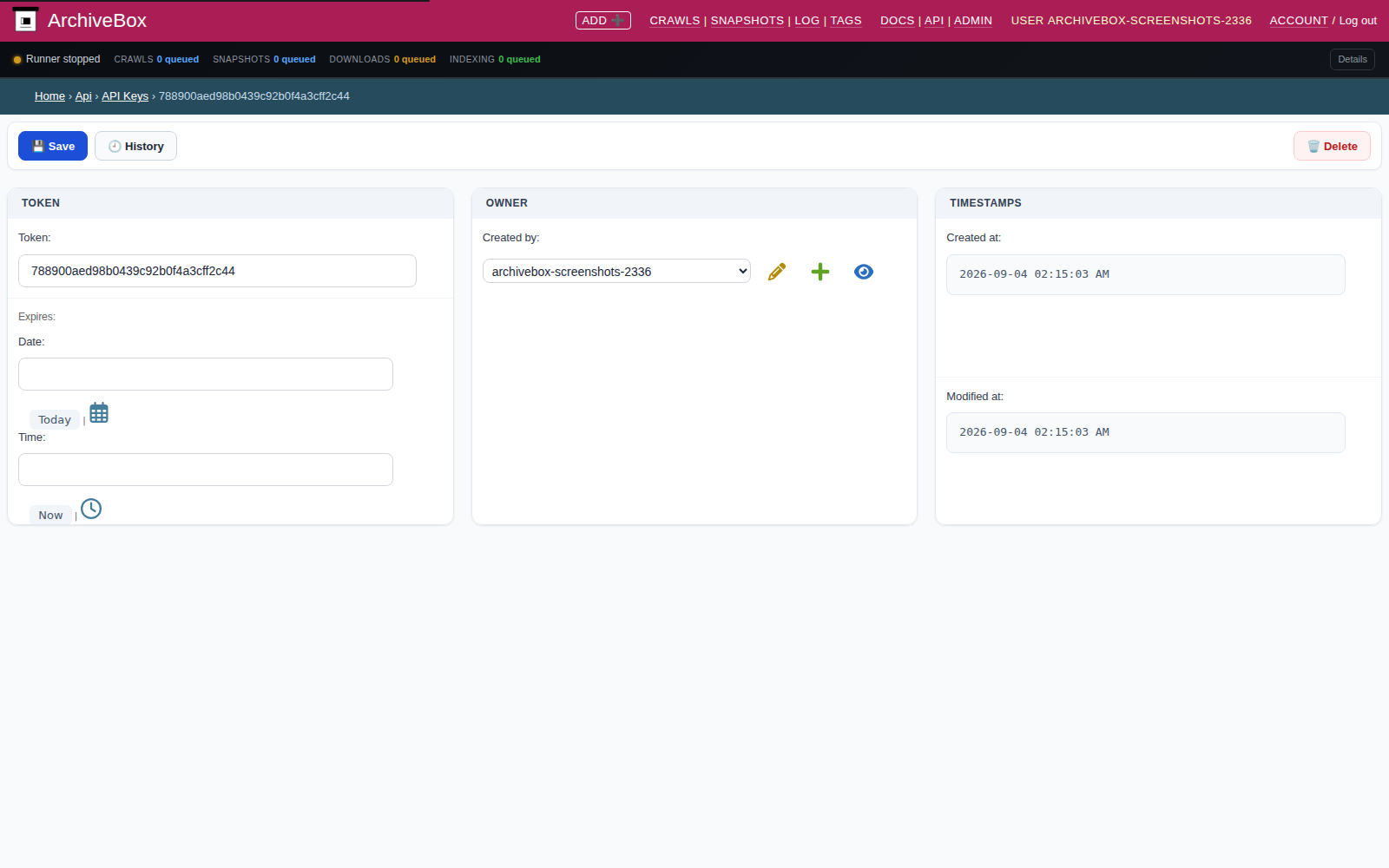 API token detail — desktop