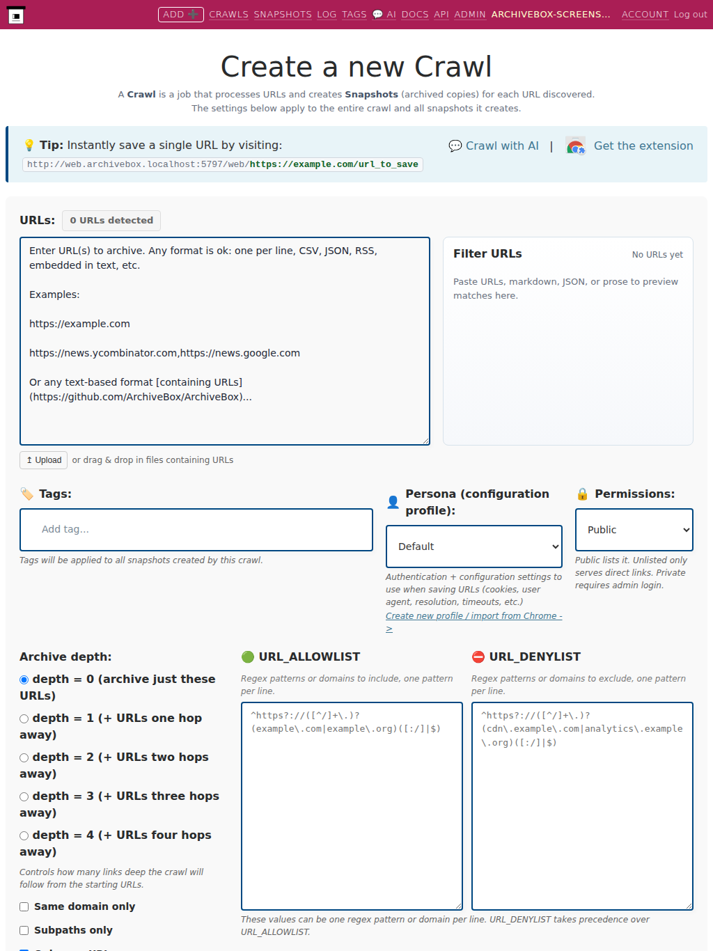 Archive depth, domain and subpath scope, URL allowlist, and URL denylist options on the Add page