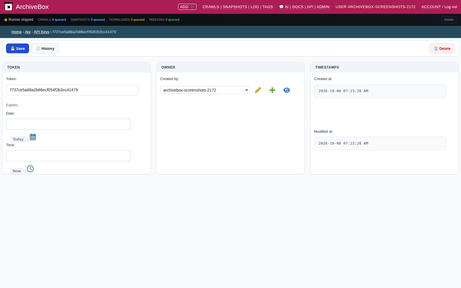 API token detail — desktop