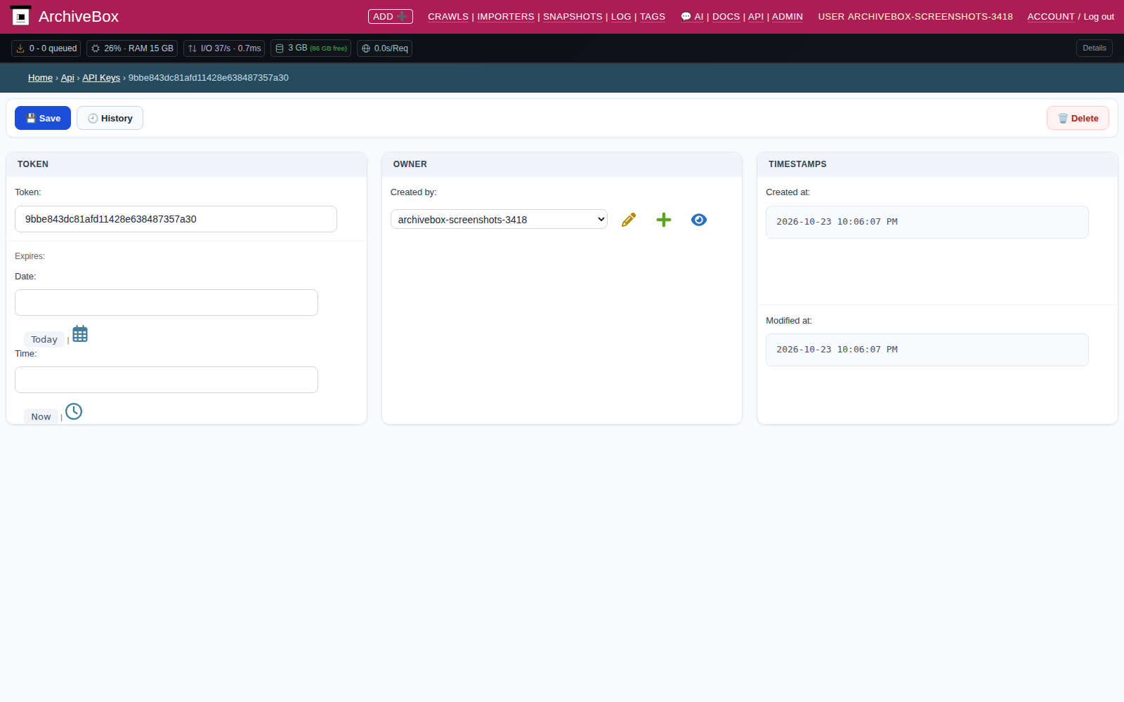 API token detail — desktop