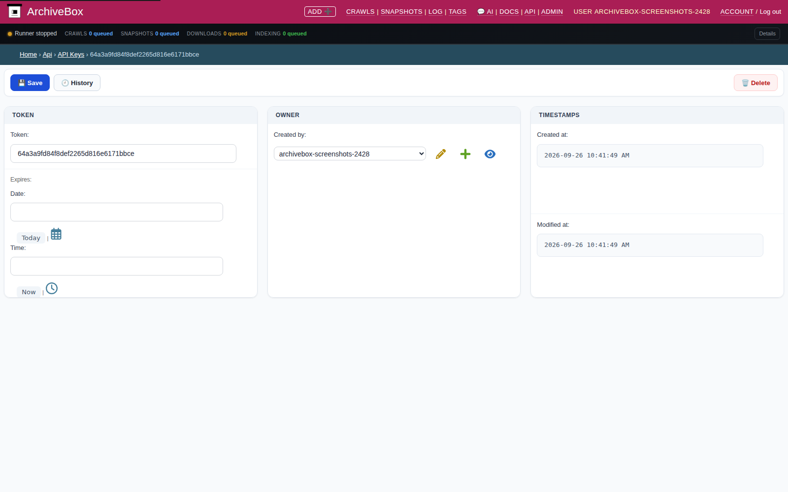 API token detail — desktop