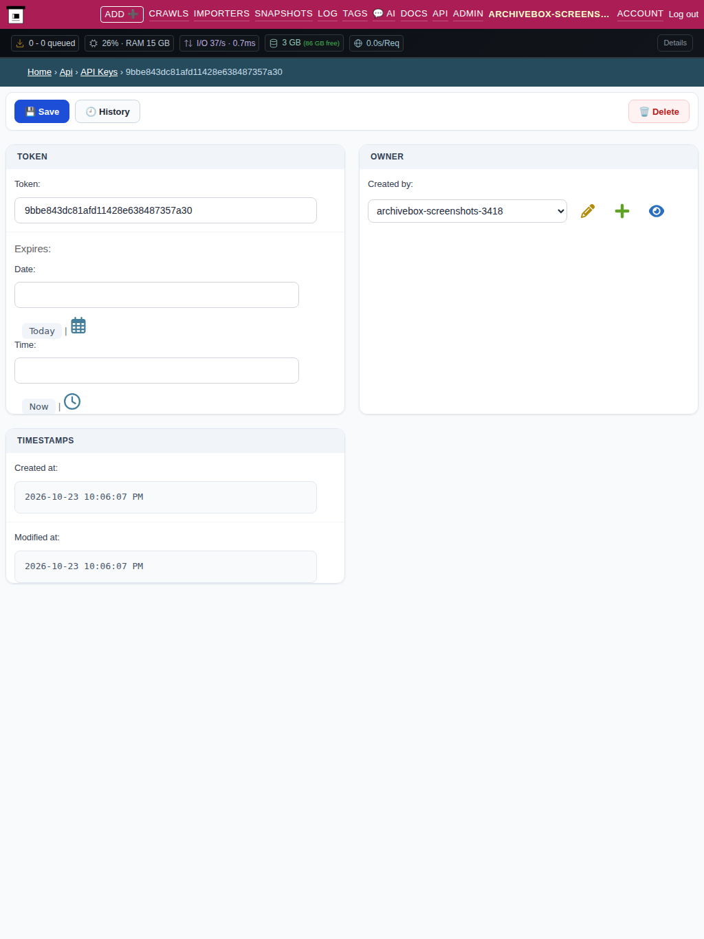 API token detail — tablet