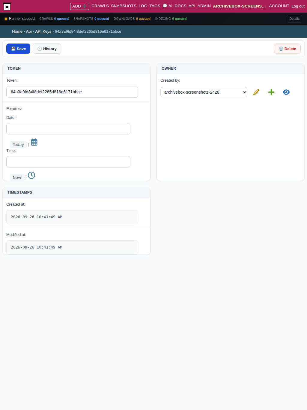 API token detail — tablet