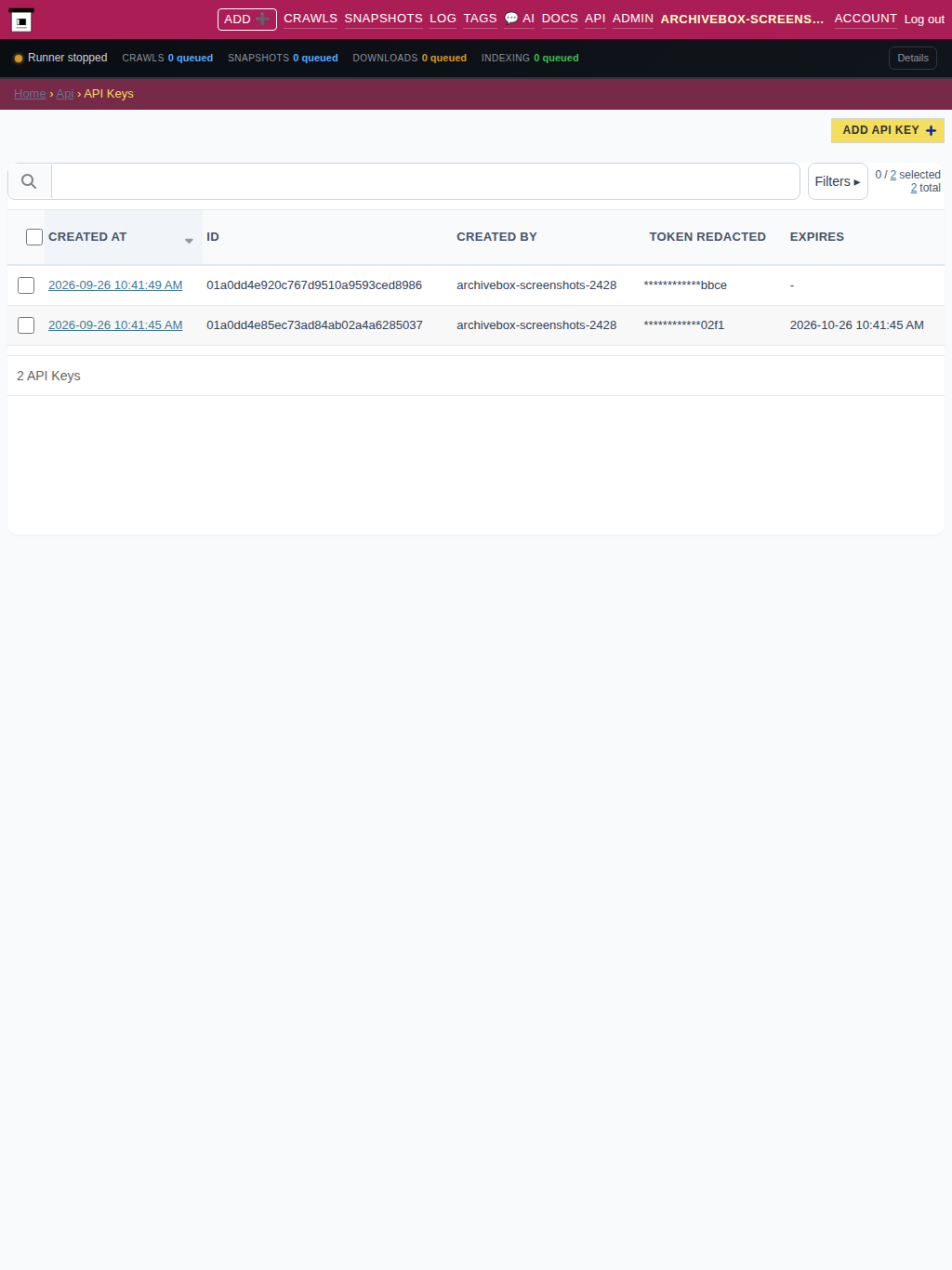 API tokens — tablet