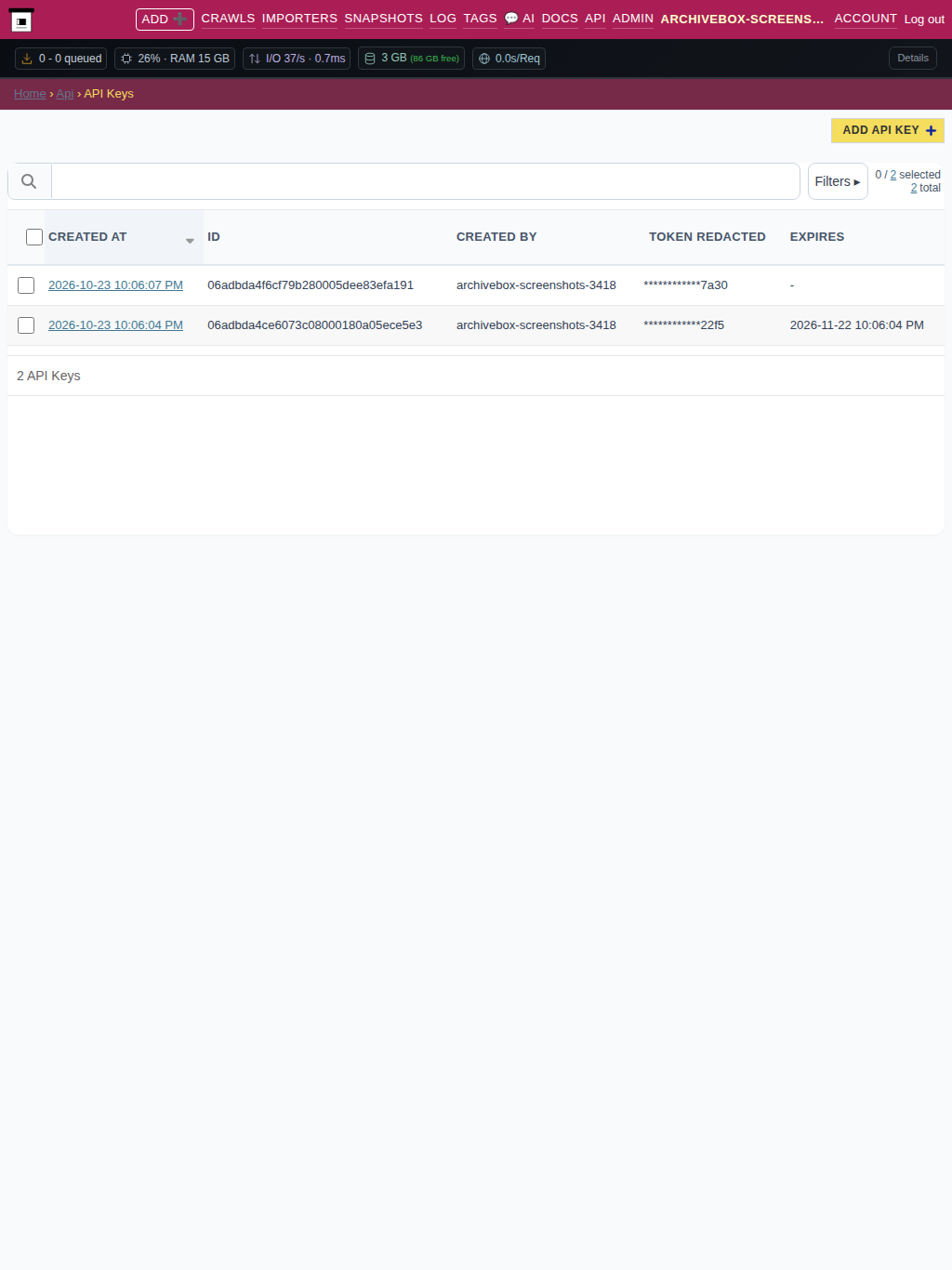 API tokens — tablet