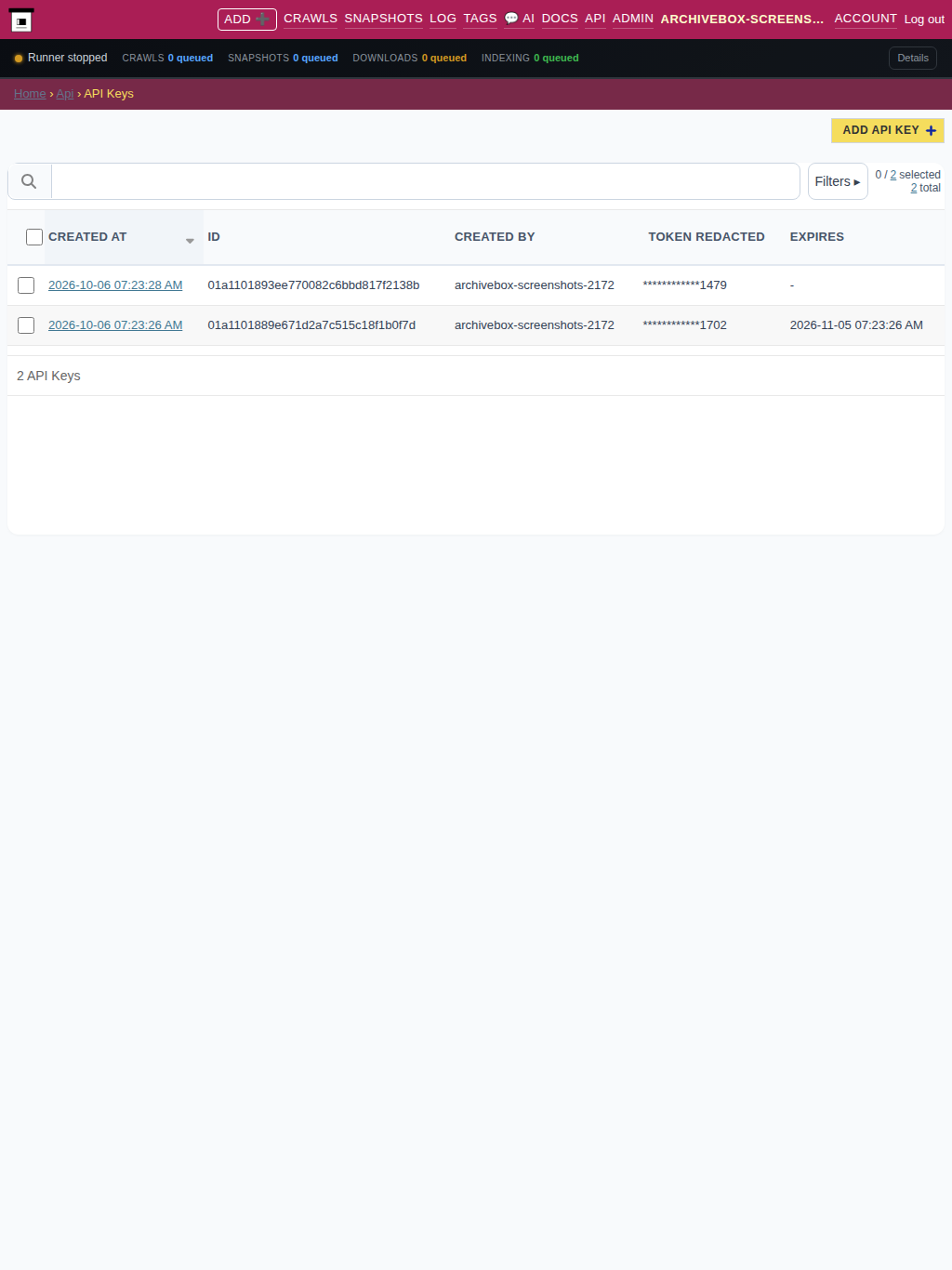 API tokens — tablet