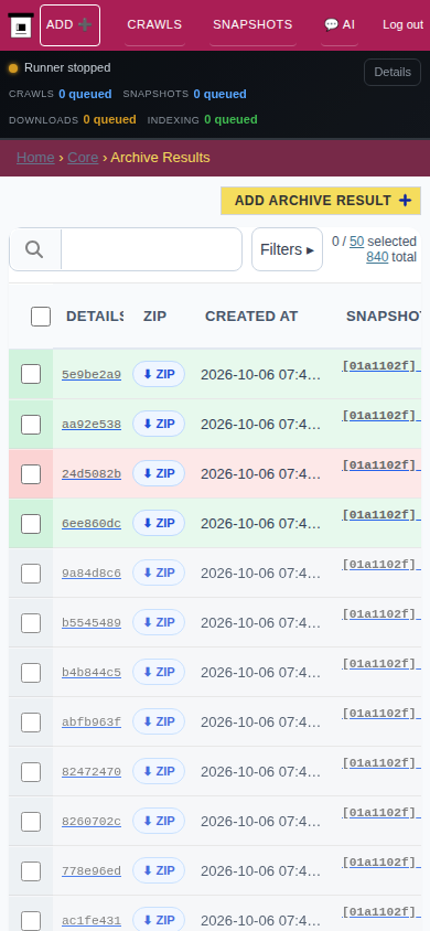 Archive results — mobile