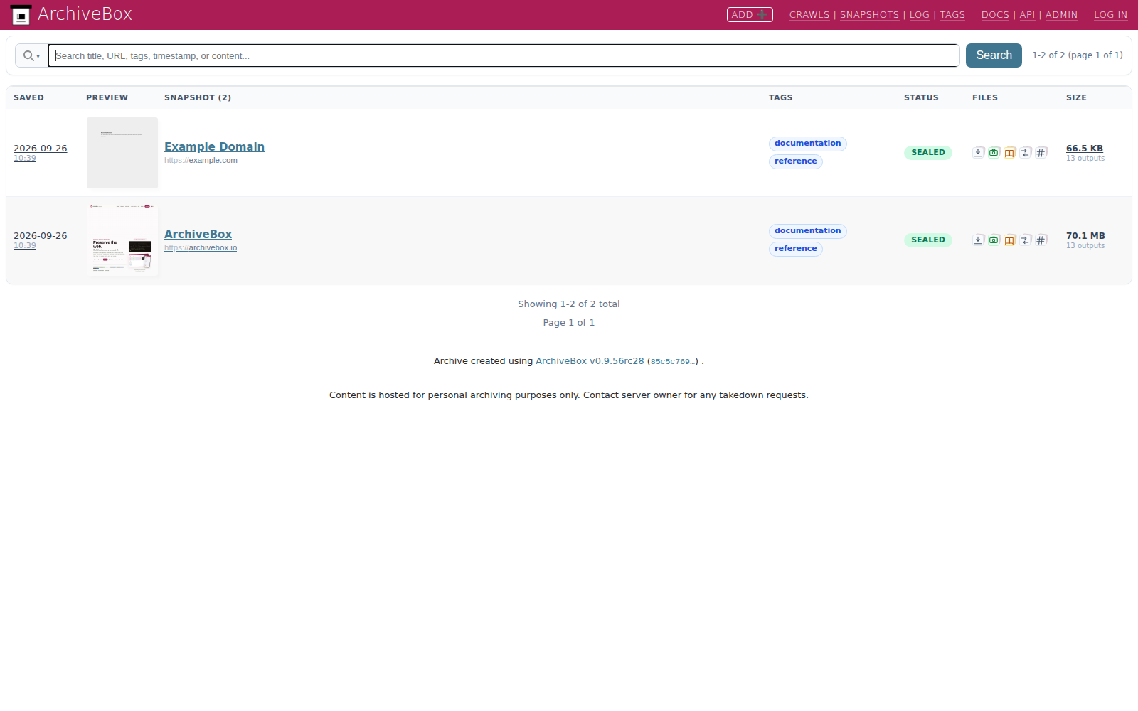 Public snapshot list — desktop