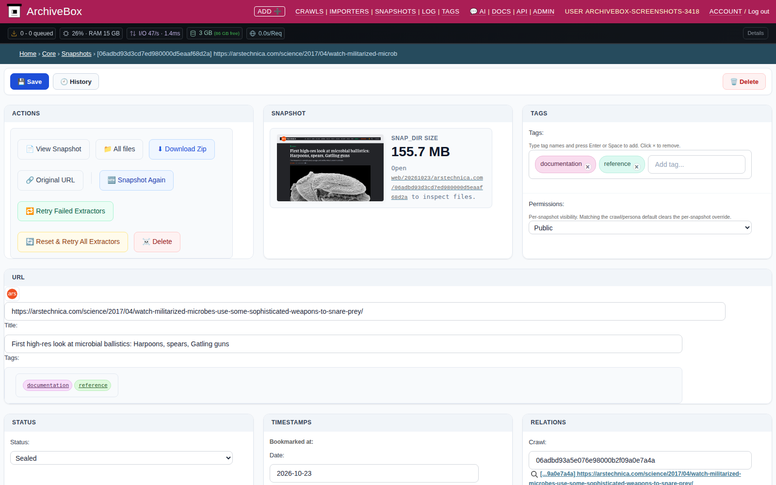 Snapshot admin detail — desktop