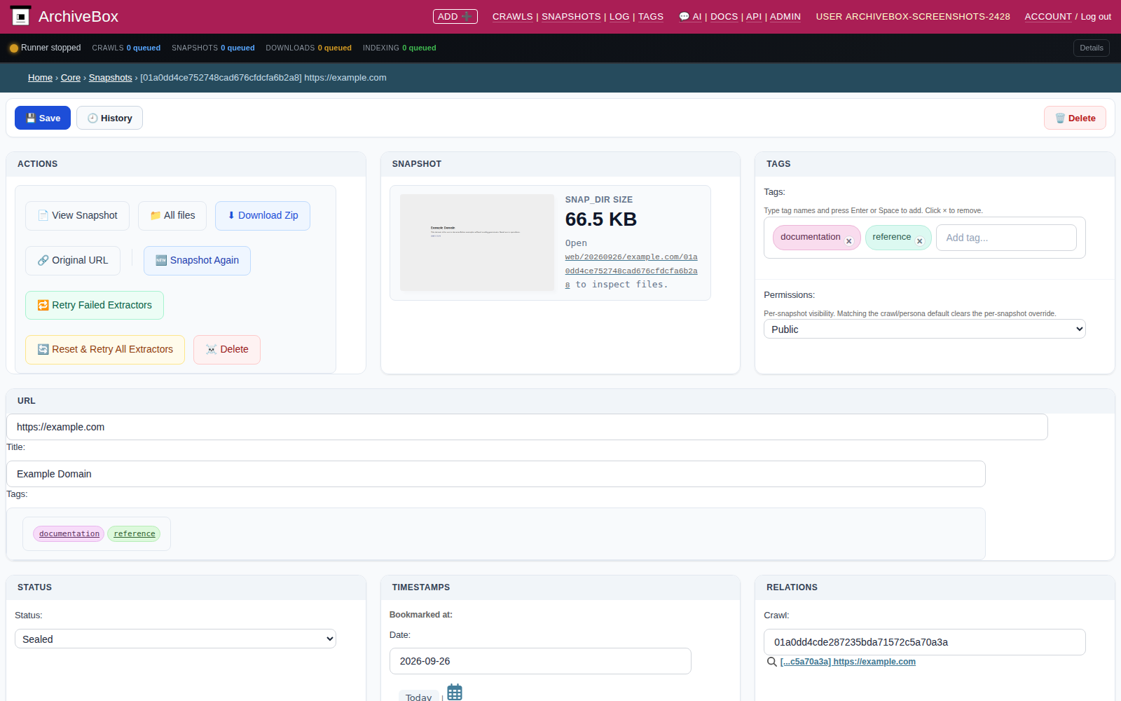 Snapshot admin detail — desktop