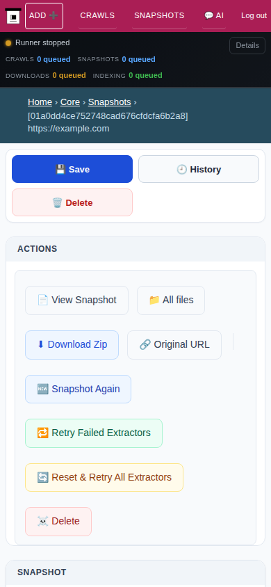 Snapshot admin detail — mobile