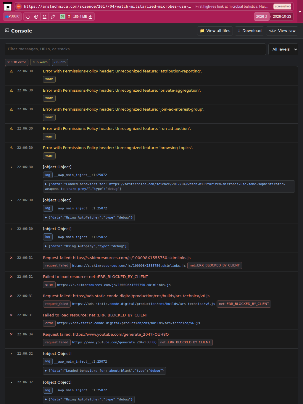 Snapshot View (consolelog) — tablet