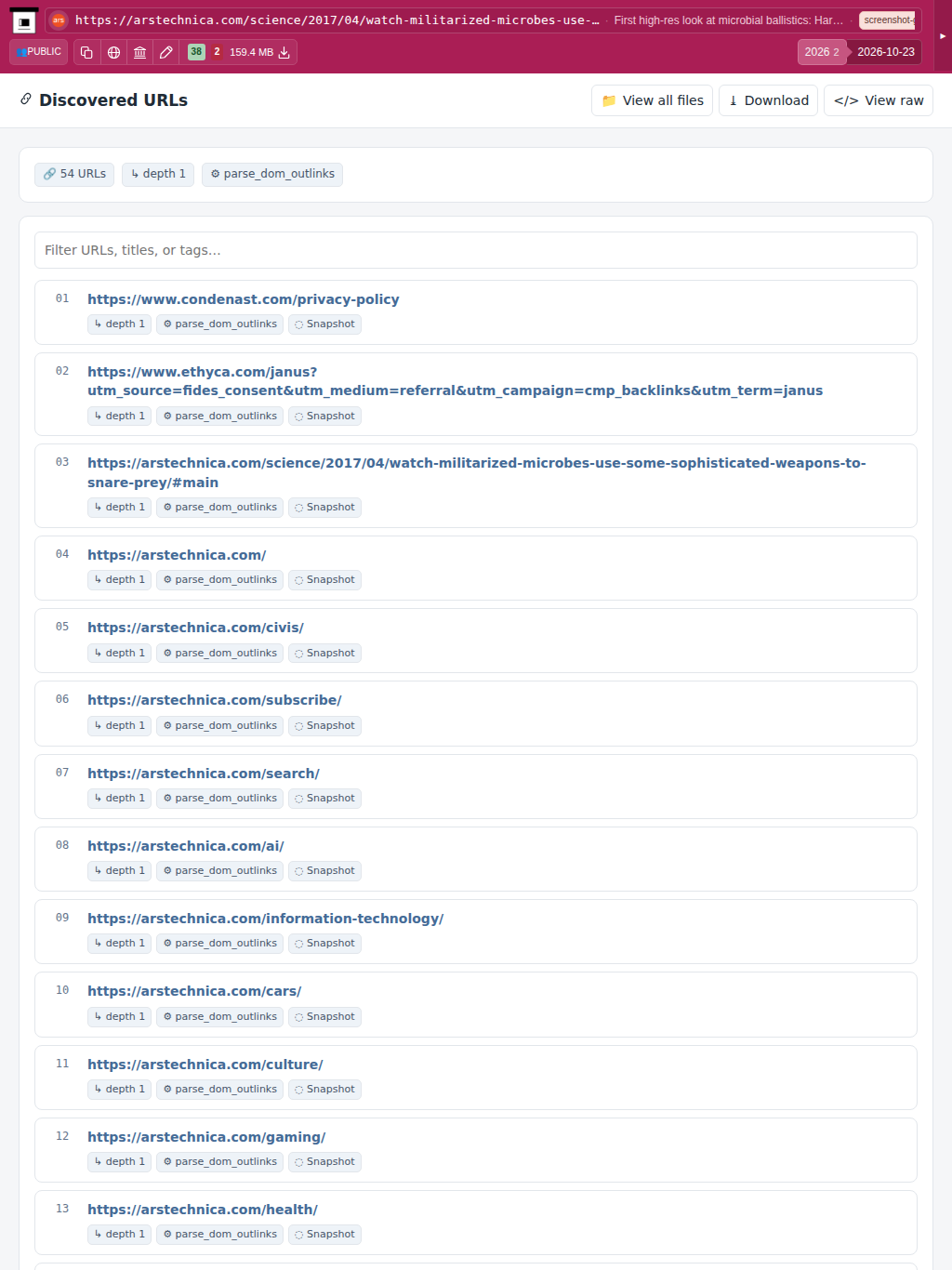 Snapshot View (parse_dom_outlinks) — tablet