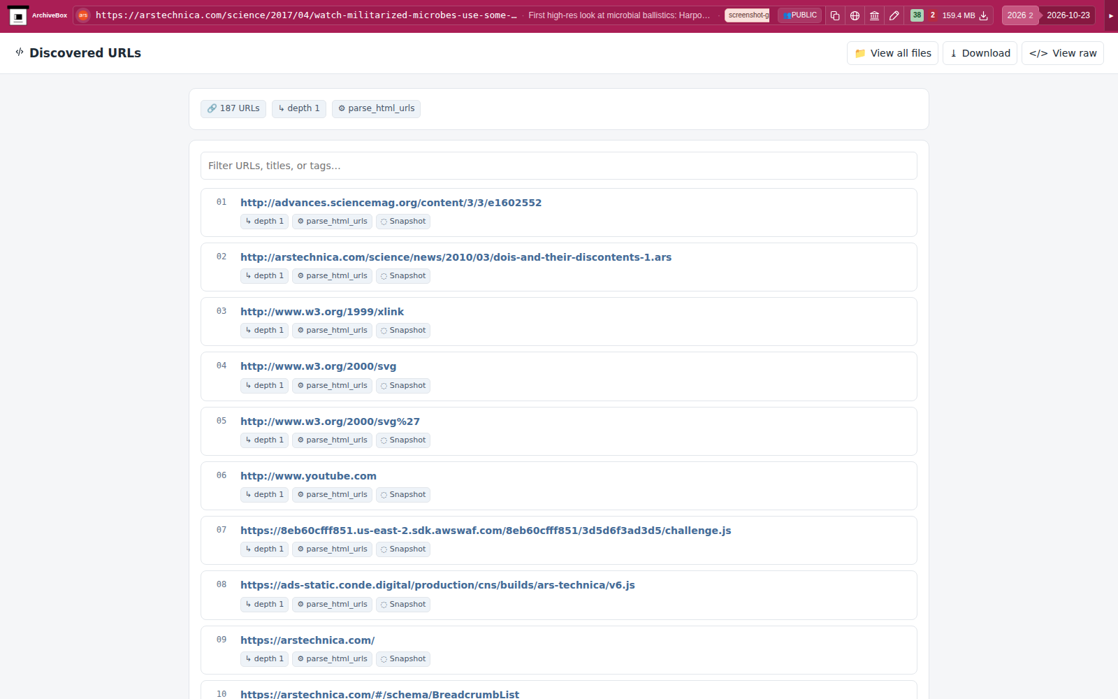 Snapshot View (parse_html_urls) — desktop