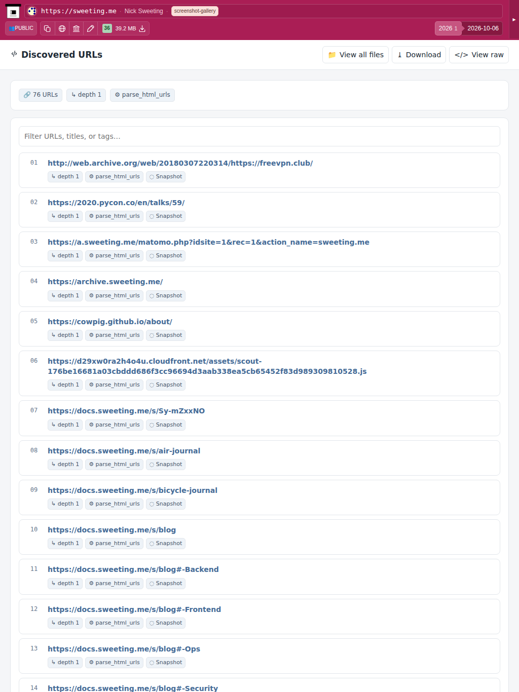 Snapshot View (parse_html_urls) — tablet