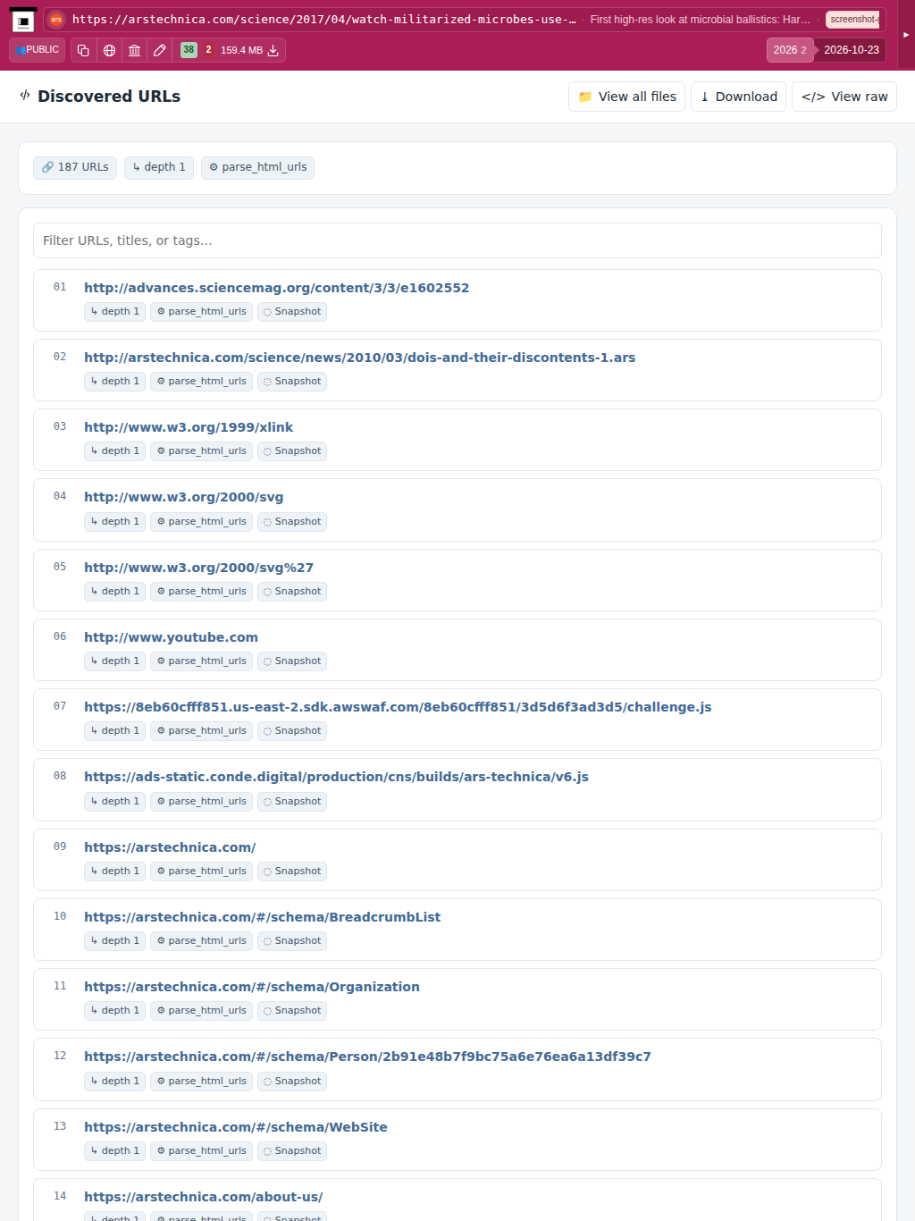 Snapshot View (parse_html_urls) — tablet