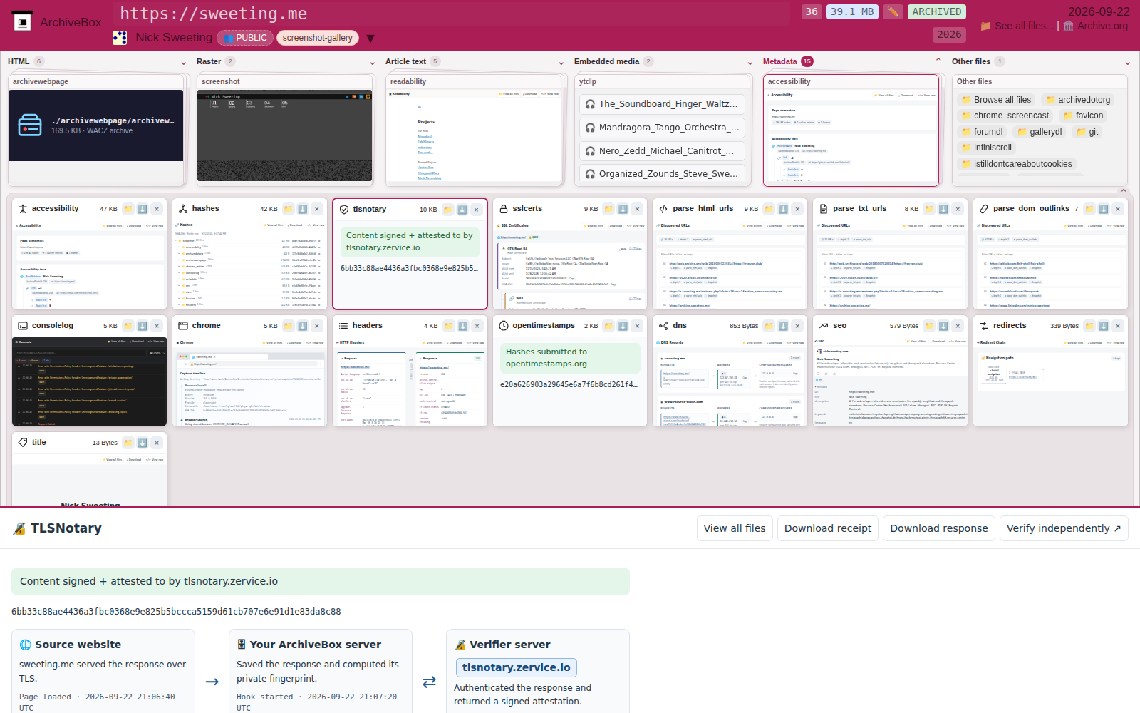 TLSNotary output verifying an archived response on the snapshot details page