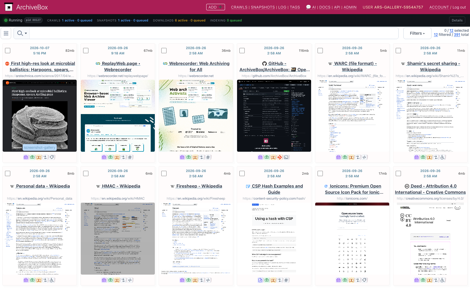 Snapshots grid — desktop