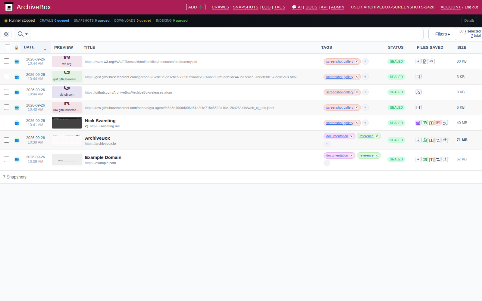 Snapshots table — desktop