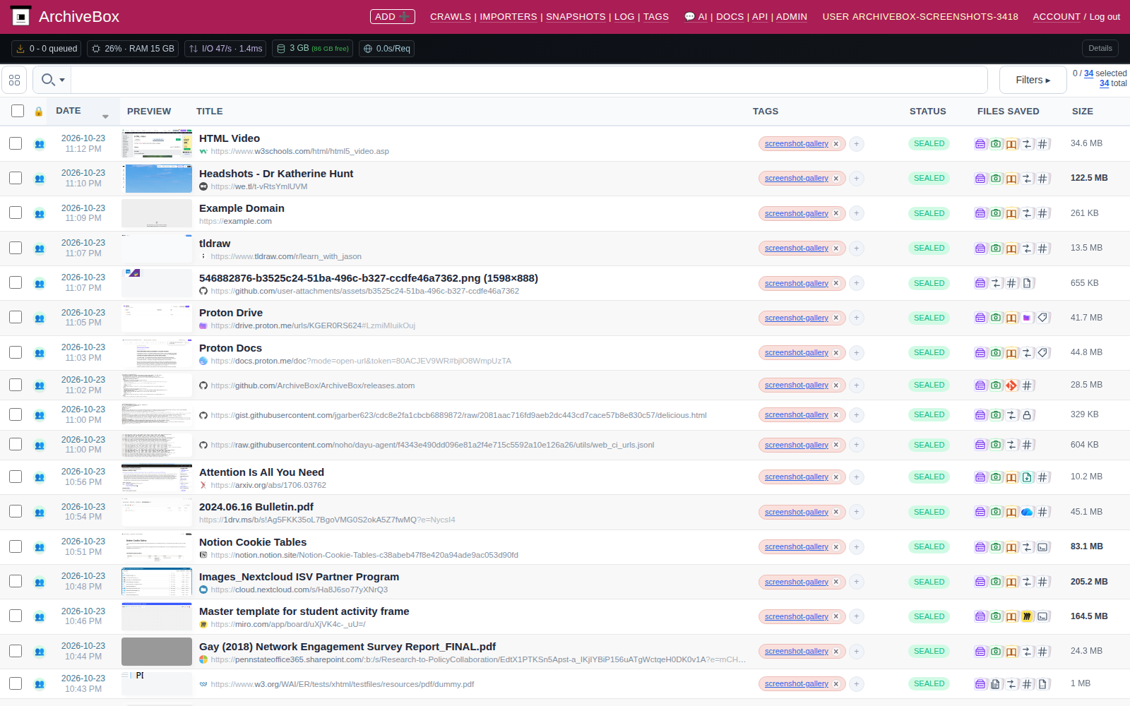Snapshots table — desktop