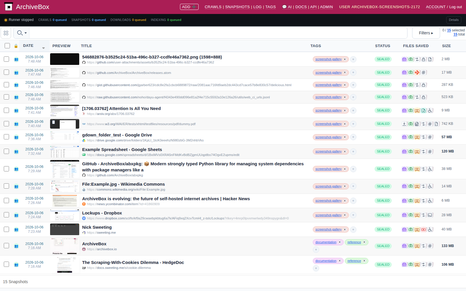 Snapshots table — desktop