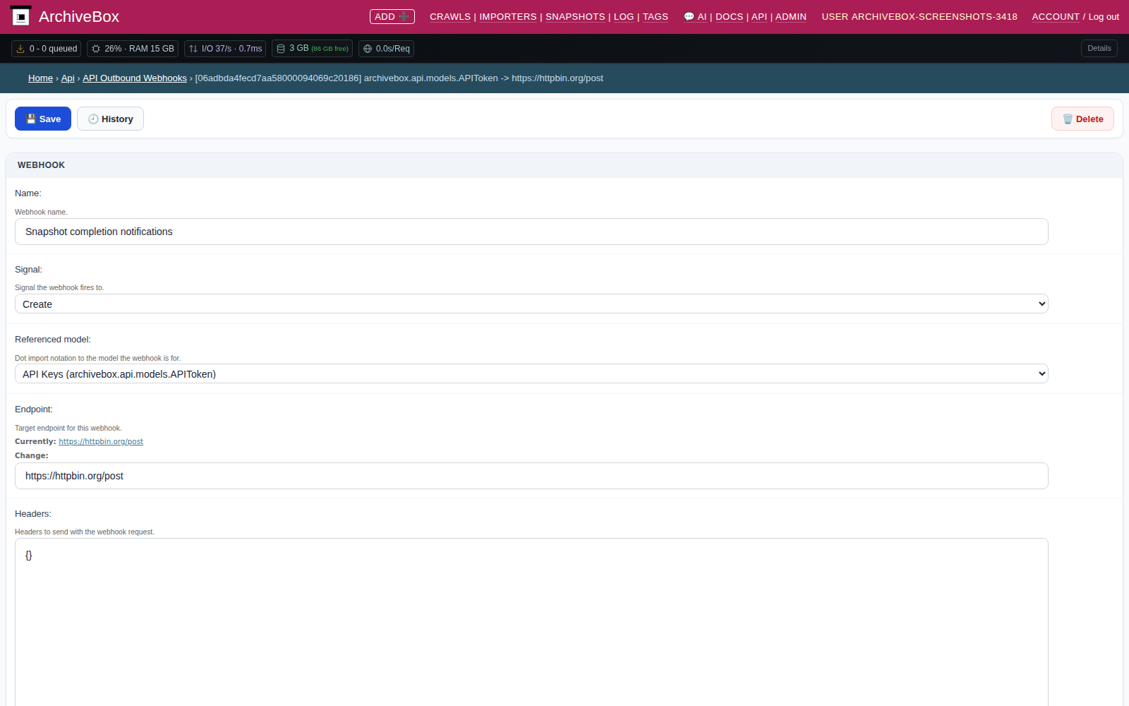 Webhook detail — desktop